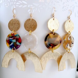 Resin and brass earrings, bold acetate earrings, abstract statement earrings, valentines gift for her, tortoise shell earrings