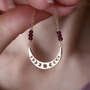 Moon phases birthstone necklace, lunar jewelry, personalized celestial necklace, friend gift, gold crescent necklace, gift for her