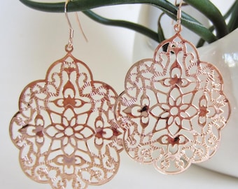 Rose gold earrings, blush jewelry, filigree earrings, laser cut earrings, lace filigrees, gift for her