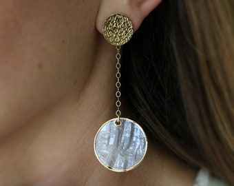 Celestial earrings, mother of pearl earrings, lunar earrings, full moon earrings, statement earrings, pearlcore jewelry, gift under 50