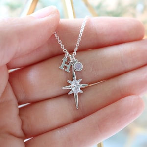 Personalized birthstone jewelry, north star necklace, dainty initial necklace, cubic celestial jewelry, gold jewelry, Christmas gift for her