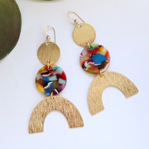 Resin and brass earrings, bold acetate earrings, abstract statement earrings, valentines gift for her, tortoise shell earrings
