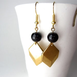 Gold geometric earrings, raw brass chevron diamond dangle earrings, black and gold jewelry, modern jewelry everyday under 20 for her