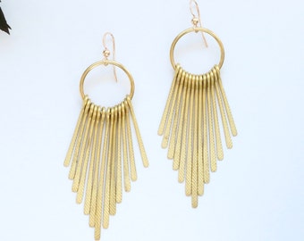 Brass fringed earrings, white gold fringe earrings, hammered raw brass earrings, hoop earrings, tassel earrings, gift for wife