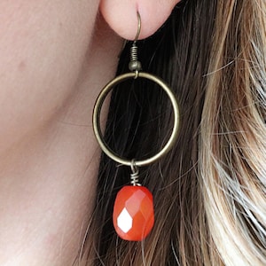 Burnt orange earrings, red agate earrings, bronze hoop earrings, long dangle gemstone earrings, burnt orange jewelry, gift for mom under 30