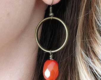 Burnt orange earrings, red agate earrings, bronze hoop earrings, long dangle gemstone earrings, burnt orange jewelry, gift for mom under 30