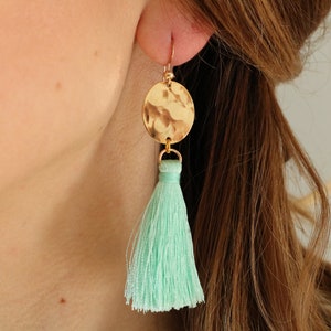 Tassel earrings, fringed earrings, hammered gold earrings, mint earrings, teal earrings, purple earrings, tassel jewelry, bohemian earrings