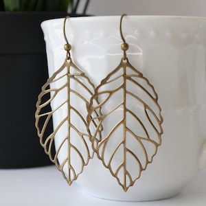 Plant mom gift, leaf filigree earrings, small filigree gold leaf earrings, laser cut earrings, boho earrings, delicate bronze filigrees