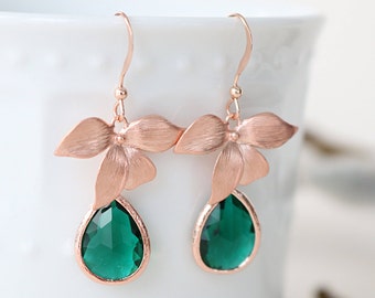 Blush jewelry, bridal earrings, orchid earrings, teardrop earrings, delicate earrings, rose gold formal earrings, floral earrings, emerald