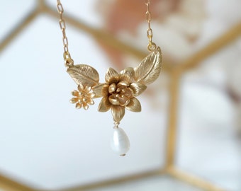 Victorian floral necklace, gold formal necklace, bridal necklace, bridal jewelry, pearl necklace, floral gold necklace, plant mom gift