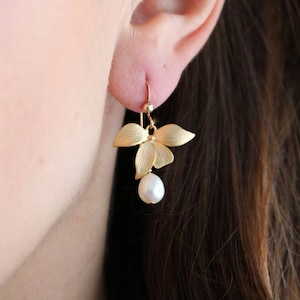 Blush earrings, bridal gold orchid earrings, pearl earrings, delicate earrings, silver wedding jewelry, formal earrings, birthstone jewelry