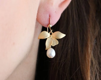 Blush earrings, bridal gold orchid earrings, pearl earrings, delicate earrings, silver wedding jewelry, formal earrings, birthstone jewelry