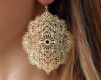 Filigree earrings, huge Persian earrings, raw brass big earrings, huge lacy filigrees, huge earrings, moroccan earrings, statement earrings