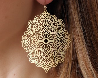 Filigree earrings, raw brass big earrings, huge lacy filigrees, huge earrings, statement earrings