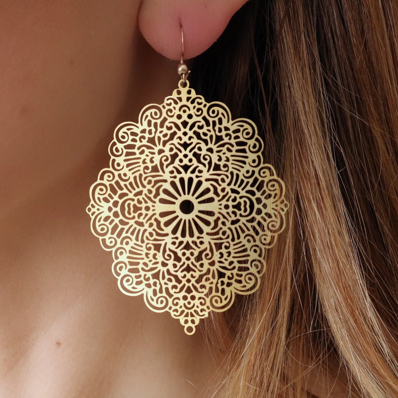 Filigree earrings, huge Persian earrings, raw brass big earrings, huge lacy filigrees, huge earrings, moroccan earrings, statement earrings image 1