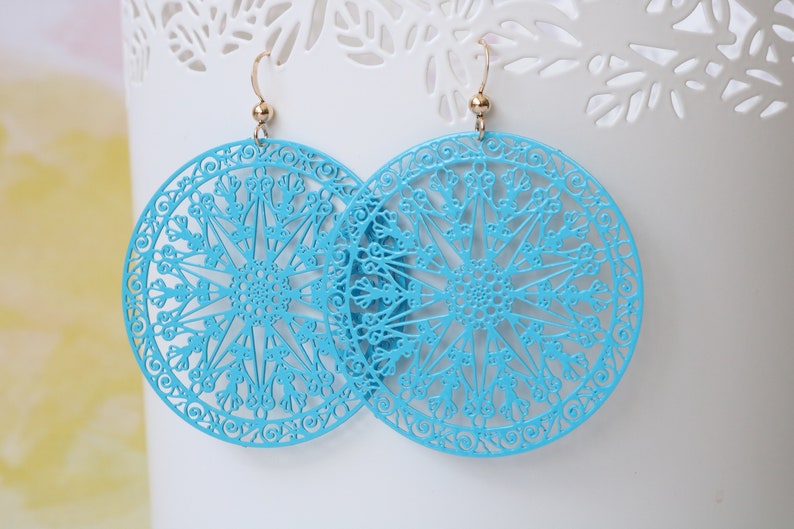 Turquoise filigrees, black laser cut, gold filigree earrings, gothic jewelry, gothic earrings, dreamcatcher earrings silver jewelry blue image 3