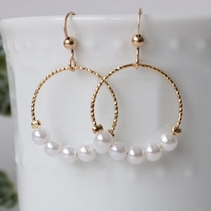 Pearl hoop earrings, small gold hoops, pearl dangles, gift for her, Christmas gift for wife, pearl jewelry, twisted hoops, delicate earrings