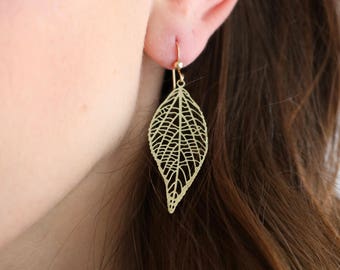 Filigree earrings, laser cut earrings, filigree leaf earrings, delicate jewelry, brass earrings, boho chic jewelry, gift idea for woman