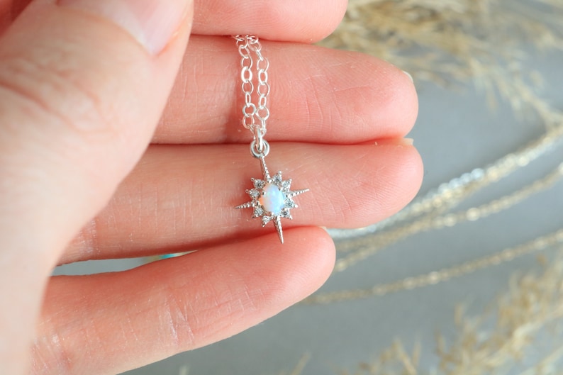 Mother's Day gift for mom, personalized gift for girlfriend, opal jewelry, dainty celestial turquoise necklace, October birthstone image 4