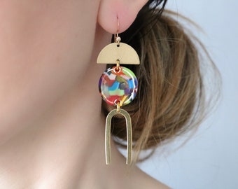 Huge resin earrings, acrylic statement earrings, brass crescent earrings, rainbow acetate earrings, abstract earrings, U shaped earrings