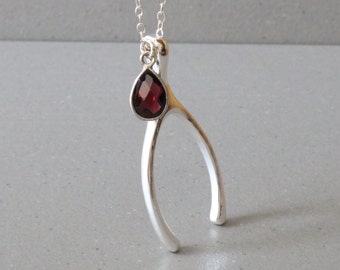 Silver wishbone necklace, long necklace, silver jewelry, wishbone pendant, Sterling chain, gemstone teardrop, minimalist necklace, delicate