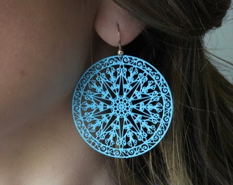 Turquoise filigrees, black laser cut, gold filigree earrings, gothic jewelry, gothic earrings, dreamcatcher earrings silver jewelry blue