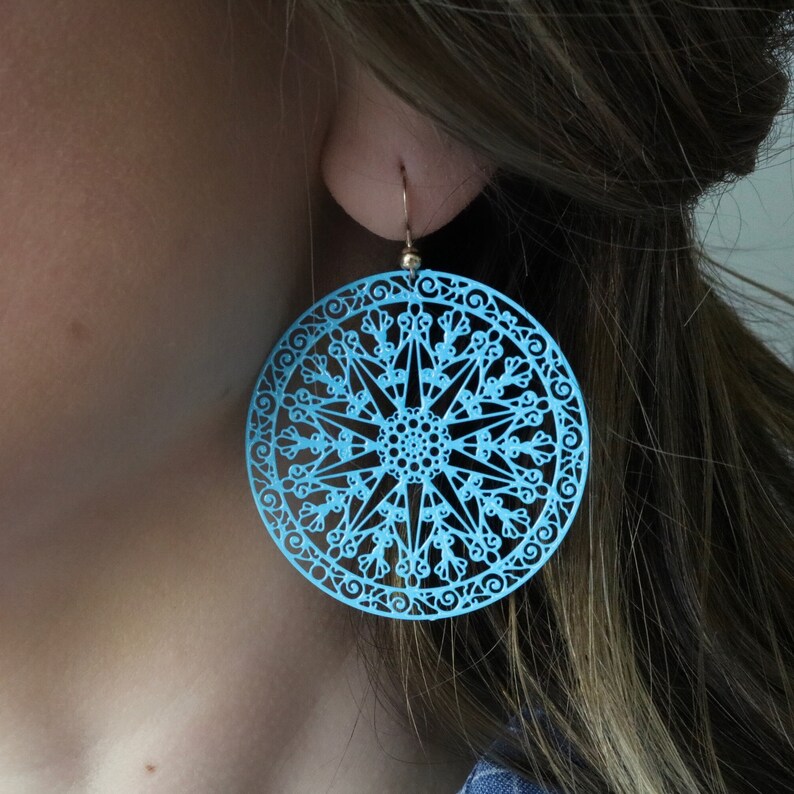 Turquoise filigrees, black laser cut, gold filigree earrings, gothic jewelry, gothic earrings, dreamcatcher earrings silver jewelry blue image 1