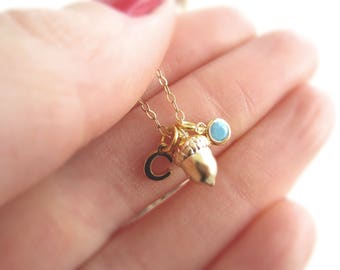Tiny initial necklace, acorn necklace, delicate necklace, silver acorn jewelry, minimalist jewelry, layering necklace, gold pendant, silver
