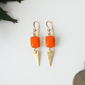Brass triangle dangle earrings, orange earrings, yellow earrings, lemon jewelry, small dangly earrings, bright colourful earrings, light