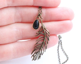 Antique brass feather necklace, boho jewelry, black stone necklace, delicate necklace, hippie necklace, feather jewelry, gift for teacher