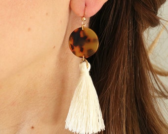 Resin earrings, resin tassel earrings, white tassel earrings, tortoiseshell earrings, mustard jewelry, grey earrings, fringe earrings gift