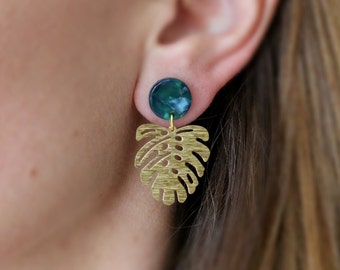 Gold earrings, monstera leaf earrings, resin monstera earrings, gold leaf stud earrings, gift for plant mom, statement botanical earrings