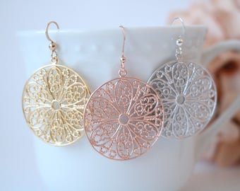 Round gold filigree earrings, blush jewelry, silver filigrees, floral filigrees, gold earrings, round filigree earrings, statement earrings,