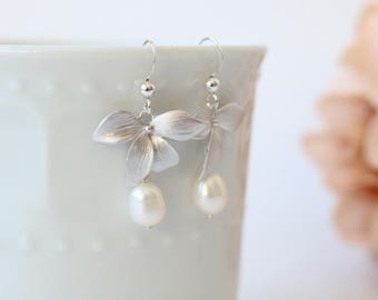 Blush earrings, bridal gold orchid earrings, pearl earrings, delicate earrings, silver wedding jewelry, formal earrings, Mothers day gift