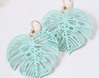 Neon monstera earrings, bright statement earrings, mint leaf earrings, plant mom gift for her, neon plant jewelry, Mother's day gift idea