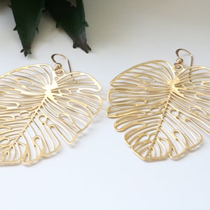 Filigree earrings, huge monstera leaf earrings, raw brass big earrings, huge leaf filigrees, monstera statement earrings, plant mom gift