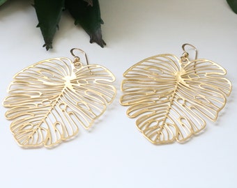 Filigree earrings, huge monstera leaf earrings, raw brass big earrings, huge leaf filigrees, monstera statement earrings, plant mom gift