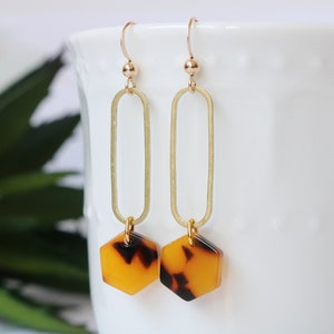 Resin earrings, tortoise shell earrings, acetate earrings, simple geometric earrings, hexagon statement earrings, gift idea for girlfriend image 1