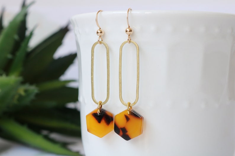 Resin earrings, tortoise shell earrings, acetate earrings, simple geometric earrings, hexagon statement earrings, gift idea for girlfriend image 1