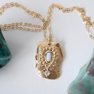 Boho layering opal necklace, opal jewelry, gold medallion pendant, aztec necklace, birthstone jewelry, Valentines gift for her under 50