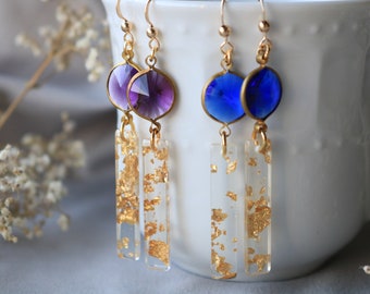 Blue and gold resin earrings, gold flake earrings, September jewelry, formal earrings for February birthday, unique celestial jewelry