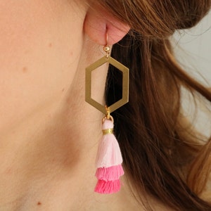 Brass hexagon earrings, black tassel earrings, hot pink earrings, geometric earrings, statement earrings, ombre earrings, fringe earrings
