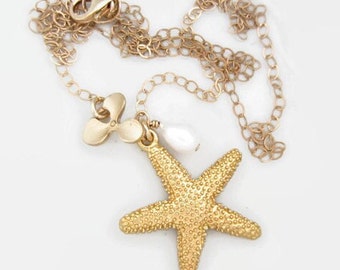 Gold beach jewelry, gold starfish necklace, beach wedding jewelry, orchid jewelry, gold filled necklace, resort jewelry, pendant necklace