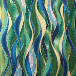 May include: Abstract fabric with a wavy pattern in shades of green, blue, and gold.