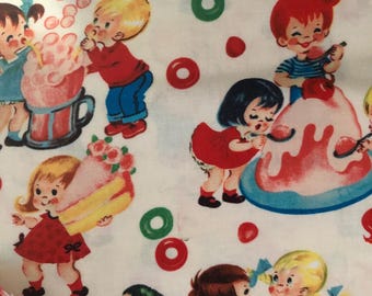May include: White fabric with a repeating pattern of children enjoying treats. The children are depicted in vintage style, with ice cream cones, cake, and cotton candy. The color palette includes red, blue, green, and yellow.