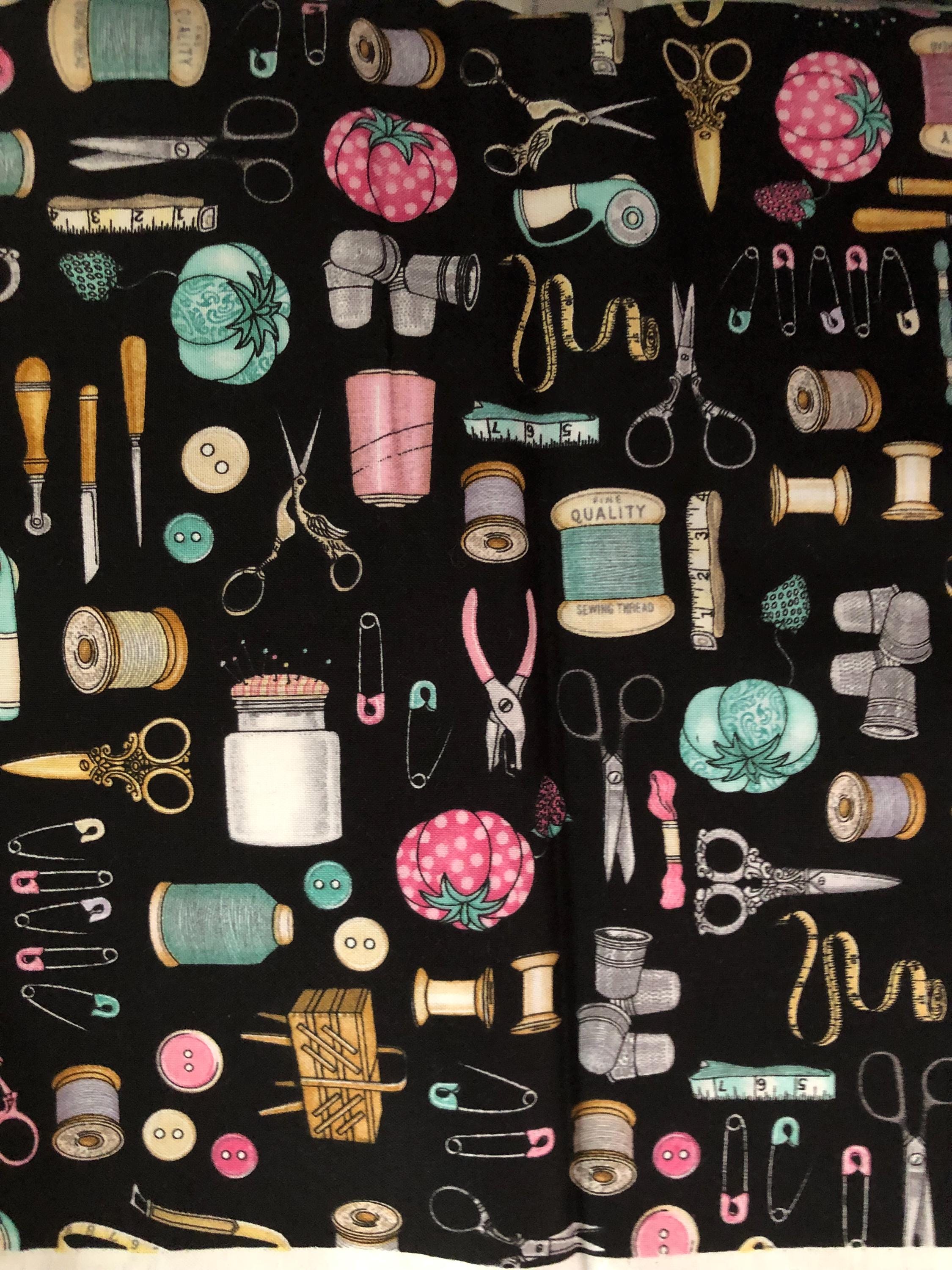 Timeless Treasure's Sewing Notions on Black by Dan Morris Fabric, Designer Fabric, Quilting Fabric, Sold by YARD