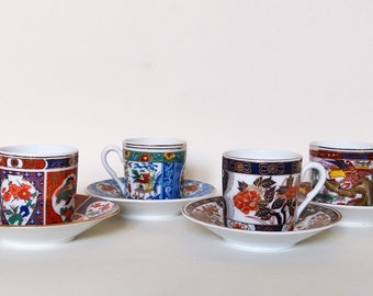 Set van 4 koffiekopjes en schotels Japanse Imari-collectie met de hand geschilderd