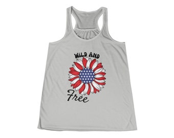 Wild and Free American Flag Flower Print Women's Flowy Racerback Tank 4th of July