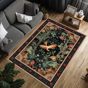 Vintage Bird Rug, Gothic Nature Inspired Area Rug, Antique Floral Rug, Medieval Victorian Living Room Decor, Area Rug, Living Room Rug