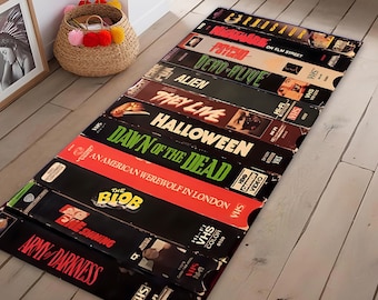 Nostalgic Retro Sytle Rug,Vhs Case Themed Horror Movie Room Rug,Home Theater TV Room Mat,Classic Horror Movie Decor,Nostalgic Decor Runner
